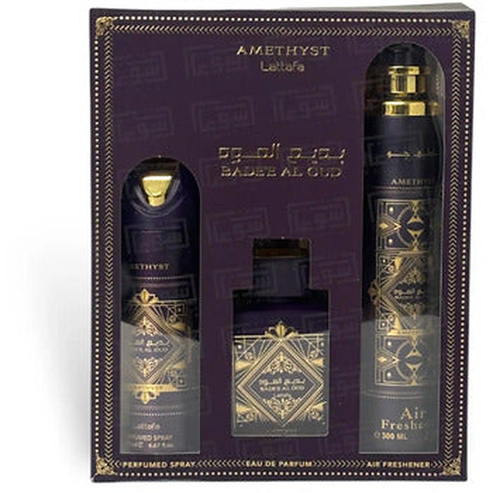 Lattafa hajuvedet Bade'e Al Oud Amethyst Lahjapakkaus EDP 100 ml, deodoranttisuihke 200 ml ja Ilmafreshner 300 ml 100ml