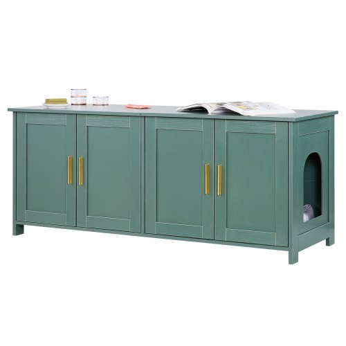 VEVOR Cat Litter Box Enclosure for Multi Cats, 120cm Hidden Litter Box Cabinet with 4 Doors & 2 Entries, Indoor Cat Washroom, Wooden Kitty House Furniture Side Table, Fit Most Litterboxes, Green