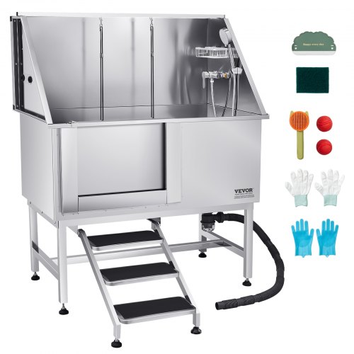 VEVOR Stainless Steel Dog Washing Station, 127 cm Pet Grooming Tub w/ Stairs, PE Water Filter Board, Faucet & Showerhead & Soap Holder Dog Bathtub for Large & Medium & Small Pets (Left Door)