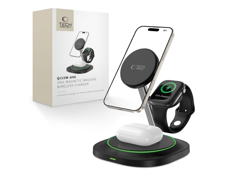 TECH-PROTECT QI15W-A46 3IN1 MAGNETIC MAGSAFE WIRELESS CHARGER BLACK standard