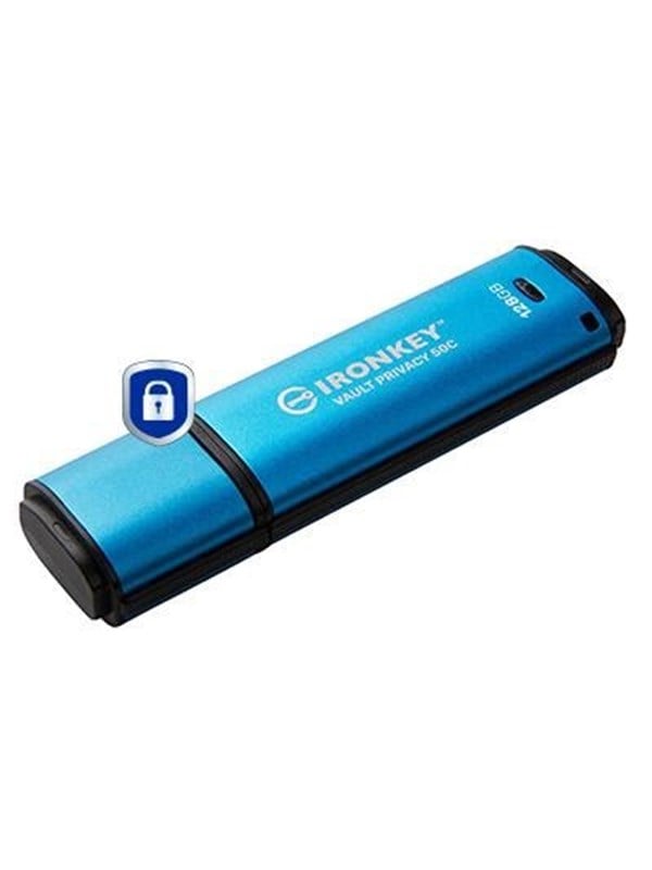 Kingston IronKey Vault Privacy 50C USB-C 3.2 Gen 1 128 Gt -muistitikku, musta/sininen