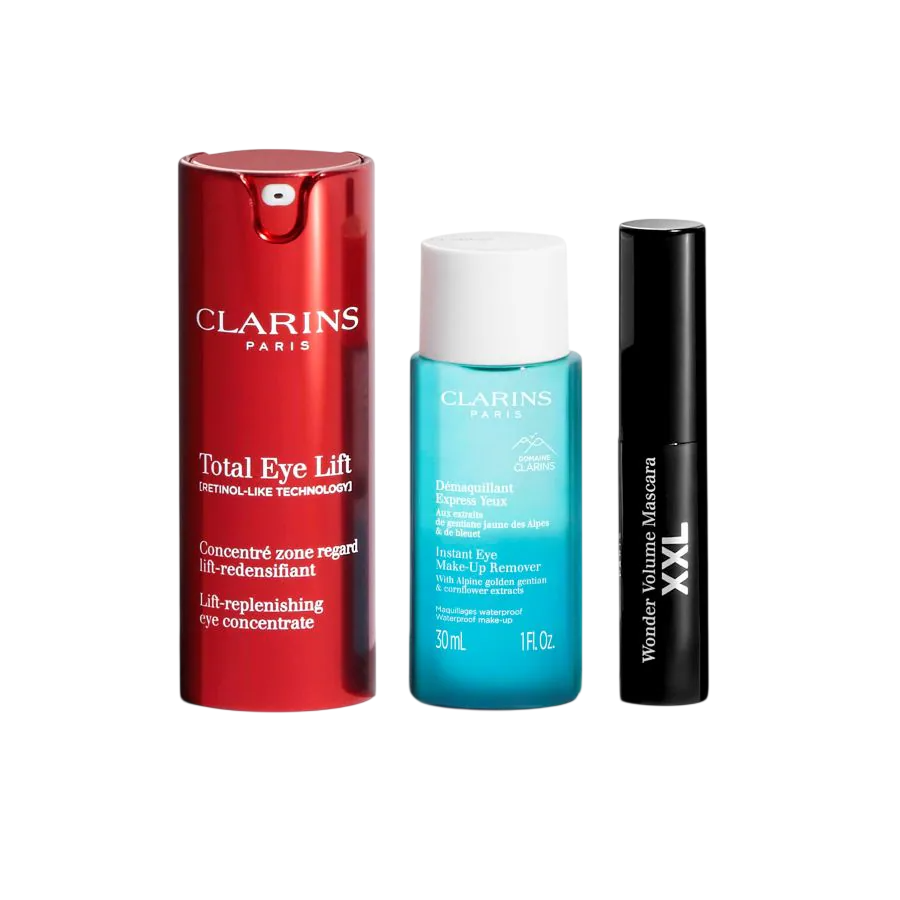 Clarins-setti: Kokonaisuus silmille, Kohotus, Päivä, Silmänympärysseerumi, 15 ml + Välitön silmä, Meikinpoistolotion, 30 ml + Ihmeellinen tilavuus, Ti