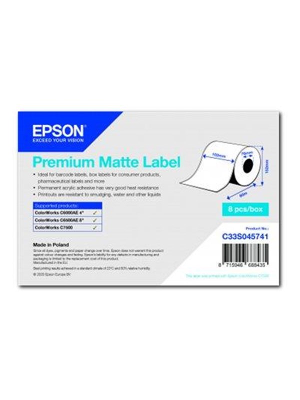 Epson Premium Matte Label - Continuous Roll: 102mm x 60m, Itse kiinnittyvä tulostintarra, Merkintänauha, Mustesuihku, Akryyli, Kiinteä, Matta