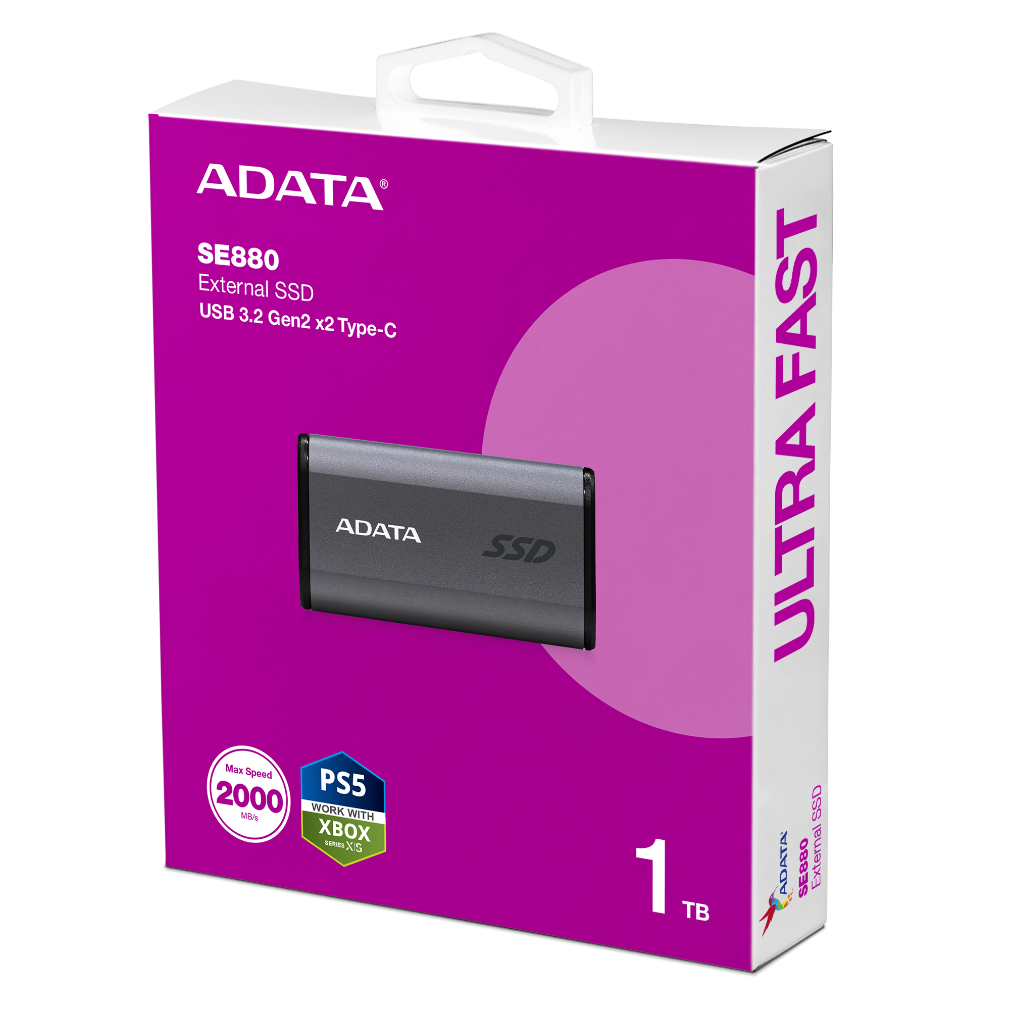 A-DATA SE880 1 Tt USB 3.2 Gen 2x2 (USB-C) -ulkoinen SSD, kannettava, pelikäyttöön, harmaa