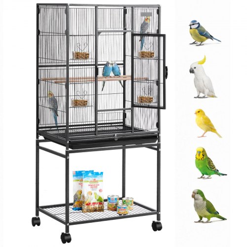 VEVOR Bird Cage, 625 x 425 x 1370 mm, Flat Top, Wrought Iron Bird Flight Cage with Perches, Slide-Out Tray and Plastic Feeders, Casters, for Parrot, Blue Tit, Cockatiel, Canary, Budgerigar, Conure