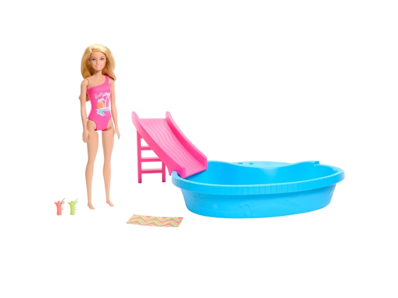 Barbie Doll And Pool Playset Blonde With Pool Slide Towel And Drink Accessories