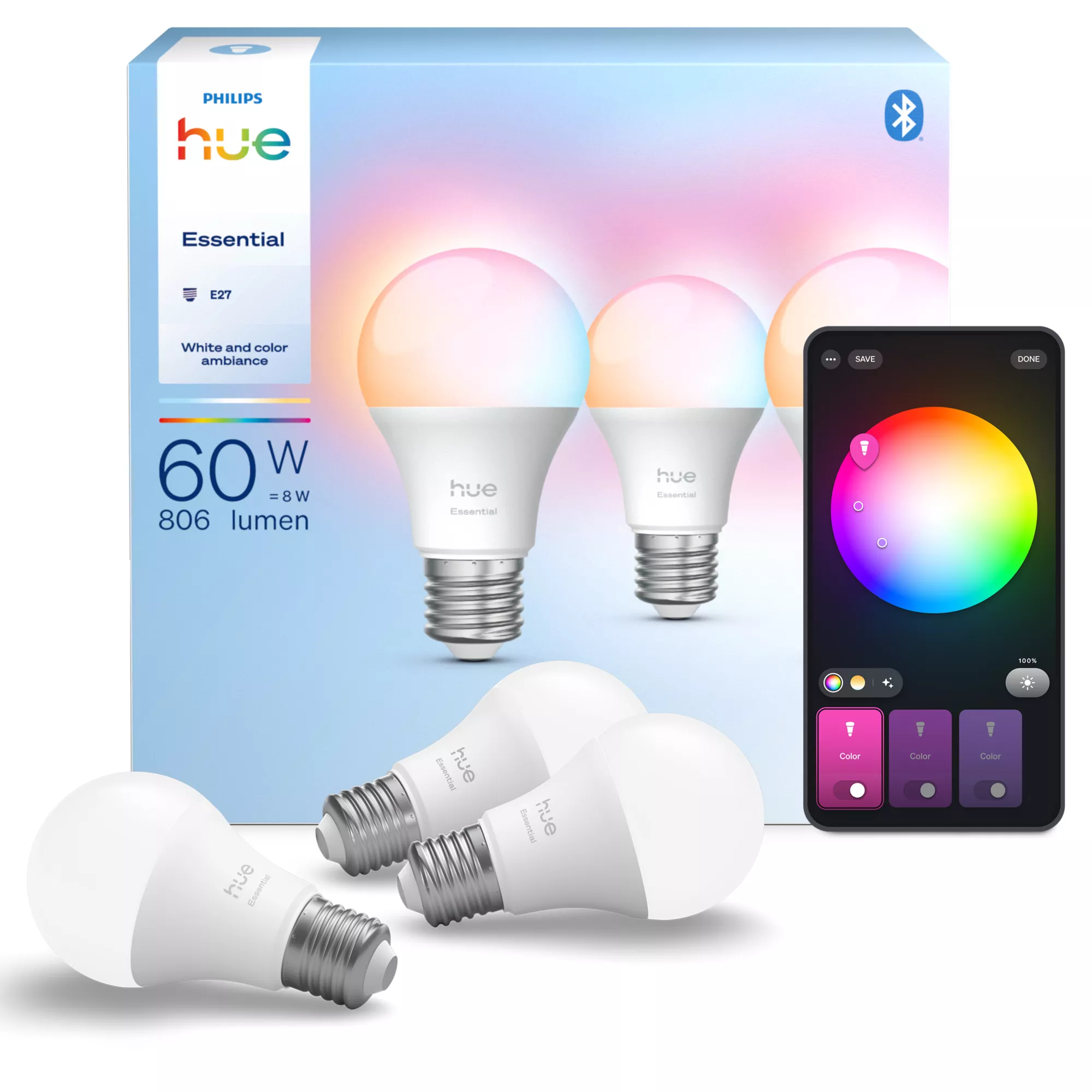 E27 LED-lamput 60W 806lm, valkoinen ja värillinen, 3 kpl pakkaus