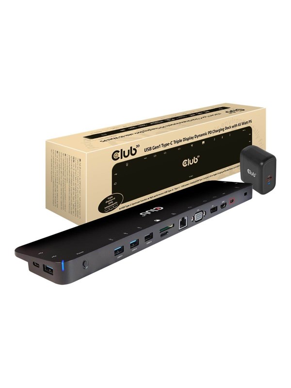Club 3D 3.2 Gen1 USB-C 14-in-1 -telakka ja 65W virta -adapteri, Musta