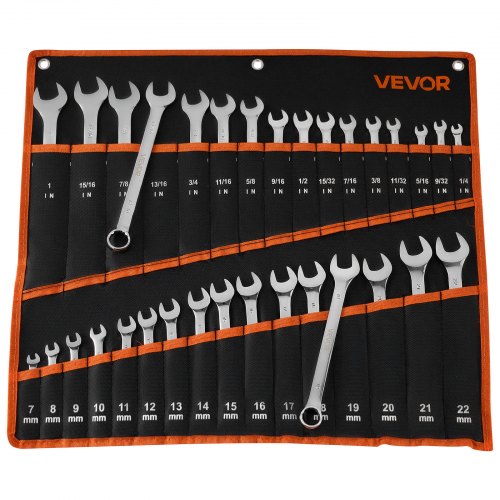 VEVOR Combination Wrench Set, 32-Piece SAE and Metric, 12-Point Box End and 15° Angled Open End Combination Wrenches with Roll Up Pouch, Carbon Steel, for General Household and Automotive Repairs