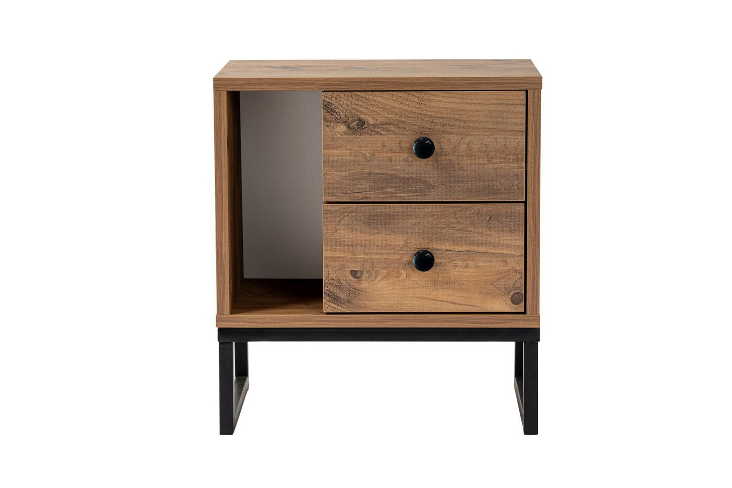 Norda Design teollisuustyylinen yöpöytä metallijaloilla, Atlantic Pine ja musta, 45 x 50 x 30 cm | 100 % melamiinipinnoitettu, 18 mm