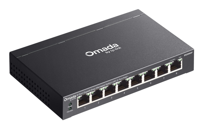 TP-LINK Omada ES208GP - 8-porttinen hallittava Gigabitin PoE+-kytkin, musta