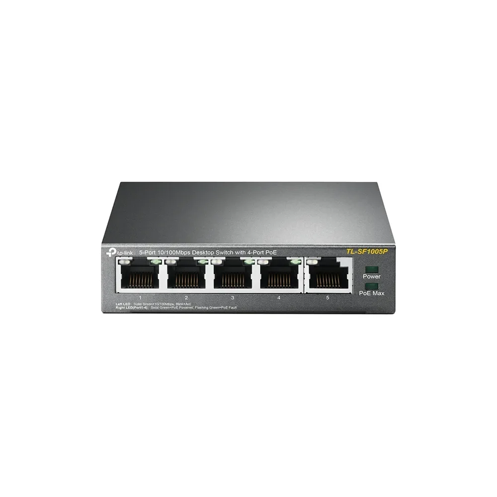 TP-Link TL-SF1005P 5-porttinen 10/100Mbps pöytäkytkin, jossa on neljä PoE+ (58W) -porttia.
