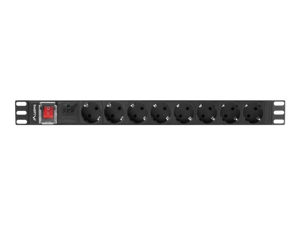 Lanberg PDU-08F-0200-BK, Kytkimellinen, 1U, Yksivaiheinen, Vaaka, Alumiini, Musta