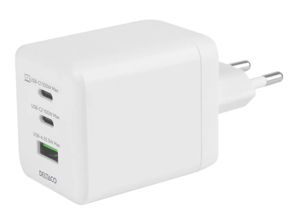 Deltaco USB GaN seinälaturi 100 W, 1x USB-A, 2x USB-C, PPS, kokonaisteho 100 W, valkoinen, Sisätila, AC, 20 V, Valkoinen