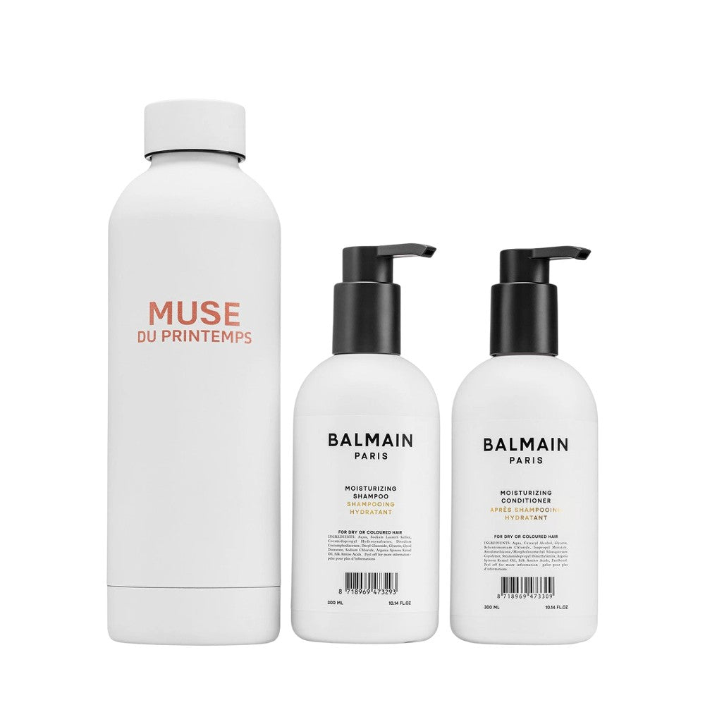 Setti Balmain Professionnel: Kosteuttava arganöljyhiusshampoo 300 ml + Kosteuttava hiushoitoaine 300 ml + Valkoinen teräksinen juomapullo