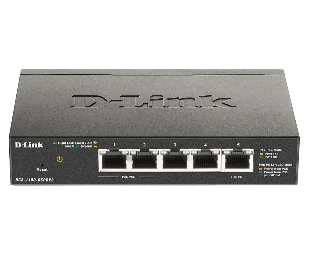 D-Link DGS-1100-05PDV2 - 5-porttinen hallittava Gigabit PoE -kytkin, musta