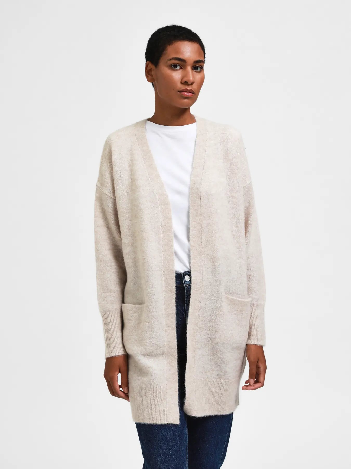 Selected Femme Naisten Neuletakki Lulu New Knit Long Cardigan Birch Melange