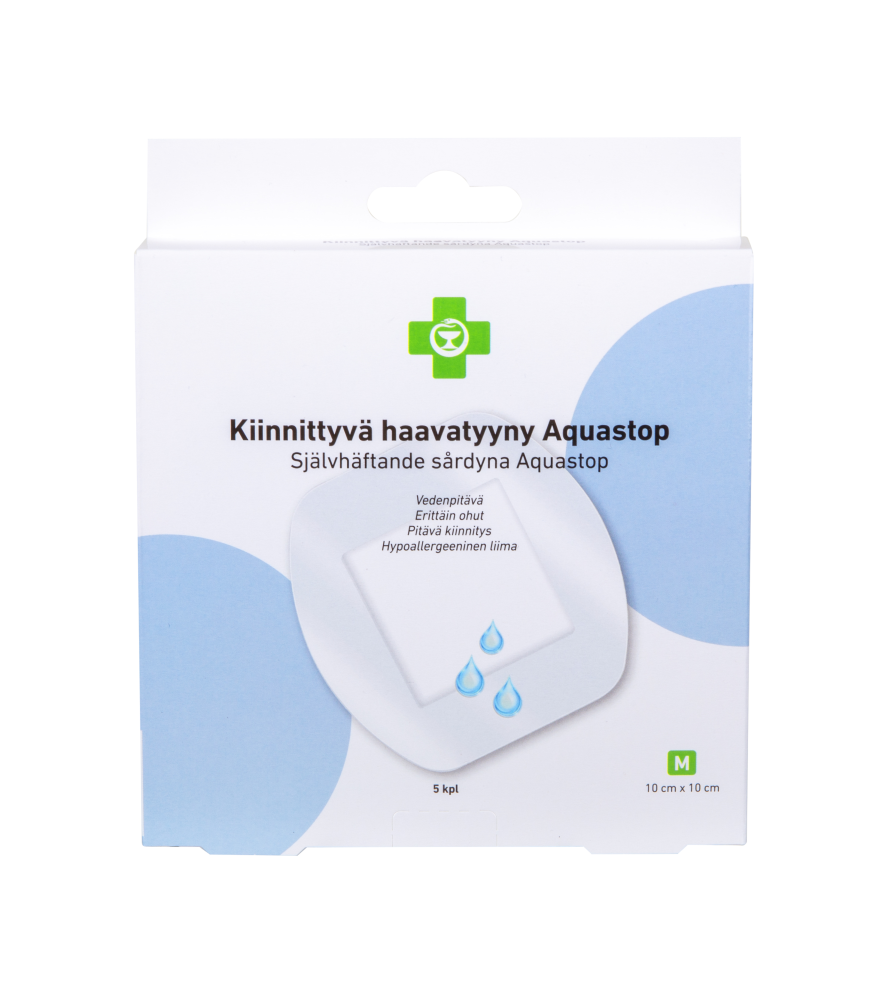 APTEEKKI Kiinnittyvä haavatyyny Aquastop koko M 10cm x 10cm, 5 kpl/rasia