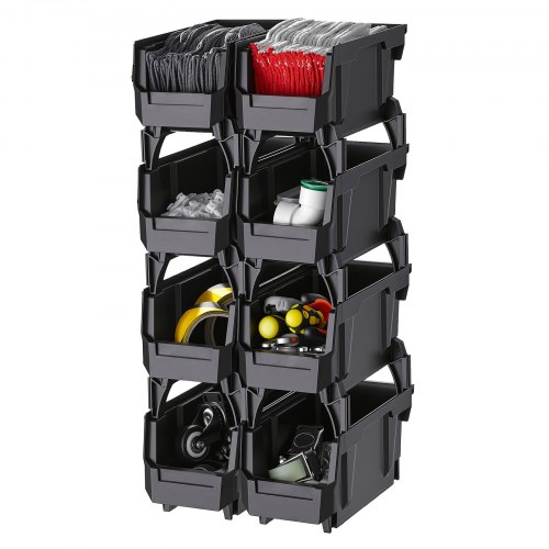 VEVOR Plastic Stackable Storage Bins, 27.6 x 14 x 13 cm (8 Pack), Plastic Containers for Organizing and Storage Bins for Closet, Garage, Small Parts, Office Supplies and Other Accessories, Black
