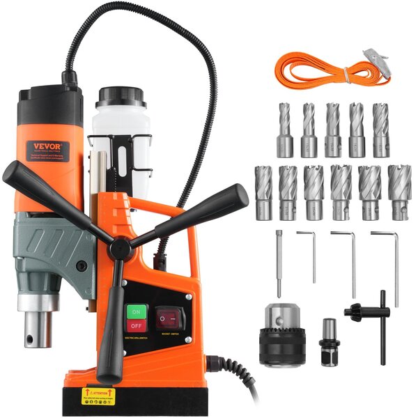 VEVOR Magnetic Drill, 1450W Motor 1.6 in Boring Diameter, 2810 lbf Portable Electric Mag Drill Press, with 11 Coring Bits, 850 RPM Speed, Drilling Machine for Metal Surface, Home Improvement Industry