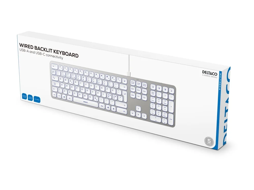 Deltaco Aluminium Keyboard - Näppäimistö - Pohjoismainen - Hopea