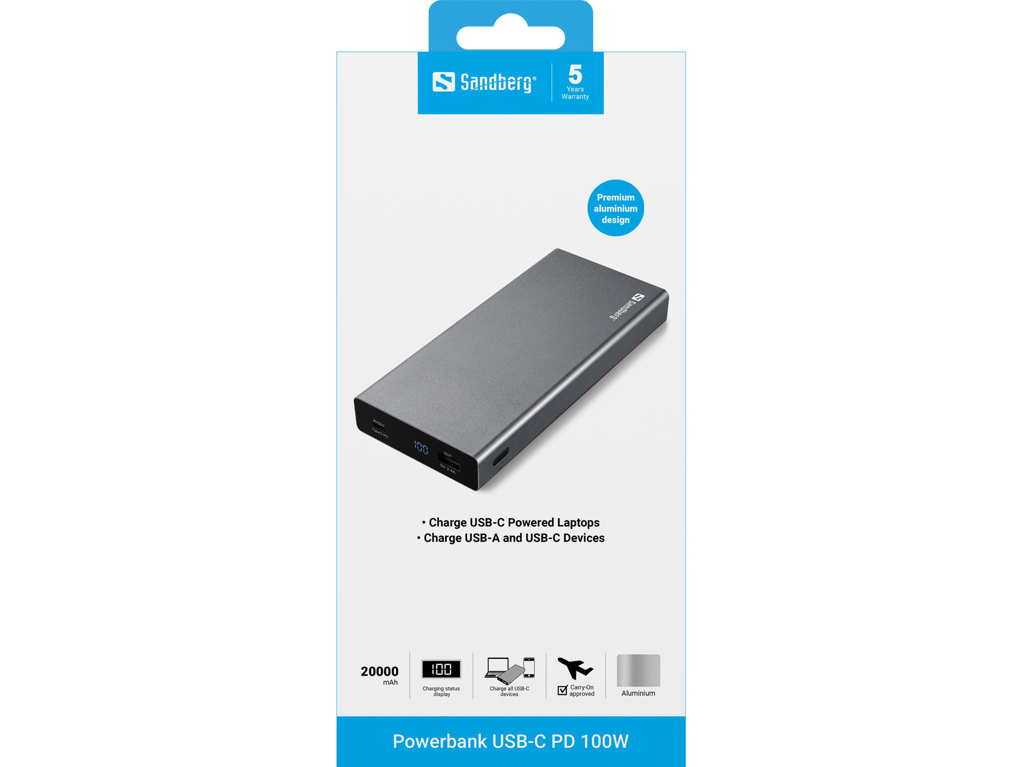 Sandberg MAhVirtapankki USB-C PD 100W 20000mAh - 20000 mAh
