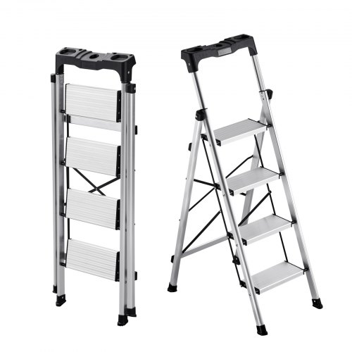 VEVOR 4 Step Ladder, Folding Step Stool with Wide Anti-Slip Pedal and Comfort Handgrip, 150 kg Capacity Portable Aluminum Stepladder, Multi-Use for Kitchen, Home, Warehouse and Office, Silver