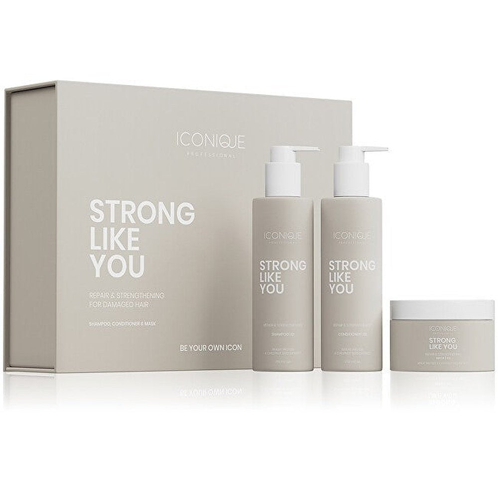 ICONIQUE Professional STRONG LIKE YOU Korjaus- ja vahvistussetti: Shampoo 250 ml, Hoitoaine 250 ml & maschera 200 ml setti vaurioituneille hiuksille