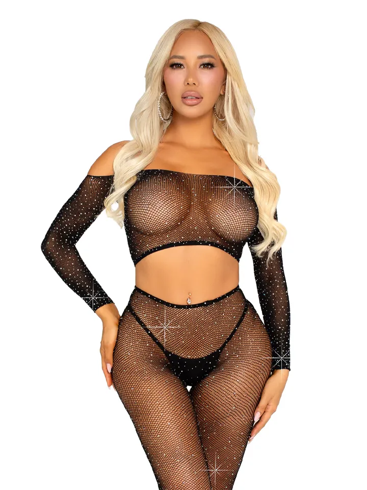 Rhinestone Fishnet Crop Top & Legging Black O/S Bodyt & Playsuitit