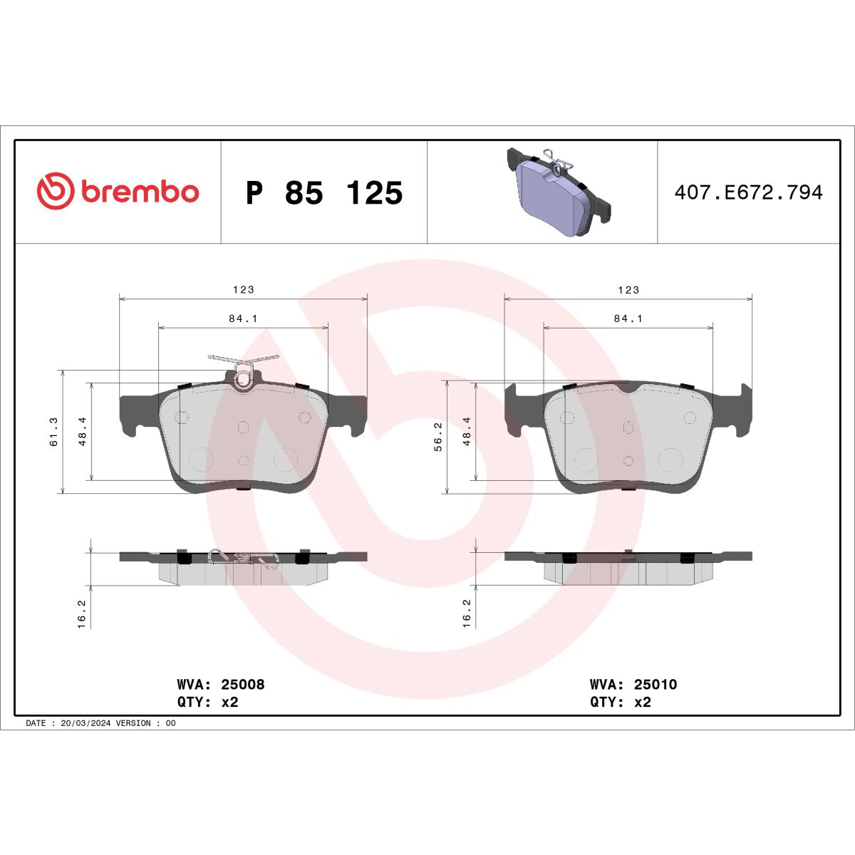 Jarrupalat, levyjarru BREMBO P 85 125X