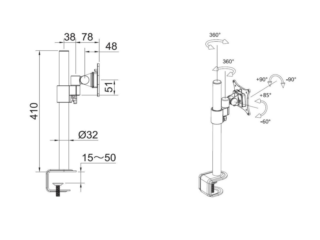 Multibrackets 5822, Puristin/Läpipultattu, 8 kg, 38,1 cm (15), 76,2 cm (30), 100 x 100 mm, Musta
