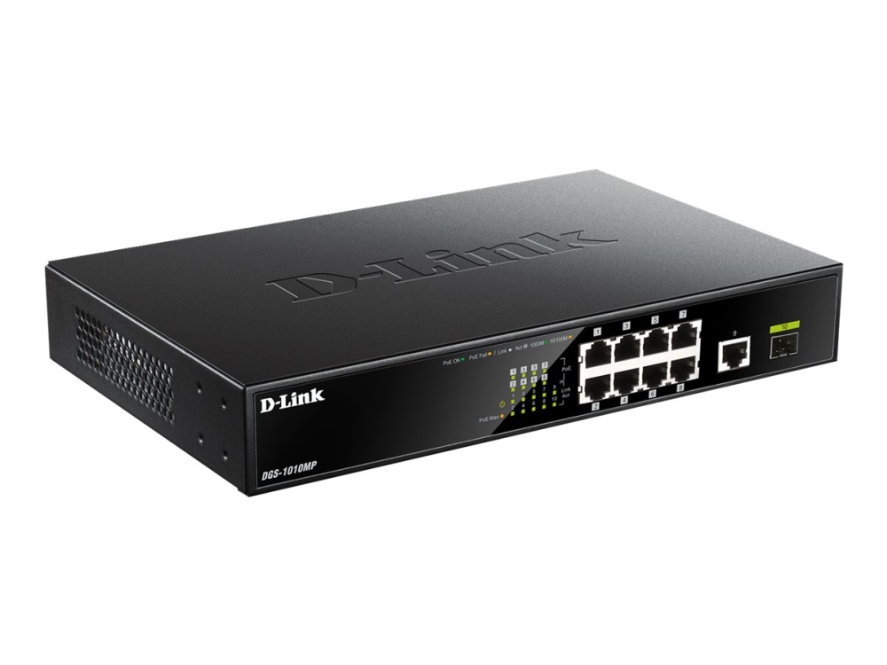 D-Link DGS-1010MP/E - 10-porttinen hallitsematon Gigabitin Power over Ethernet -kytkin, Musta