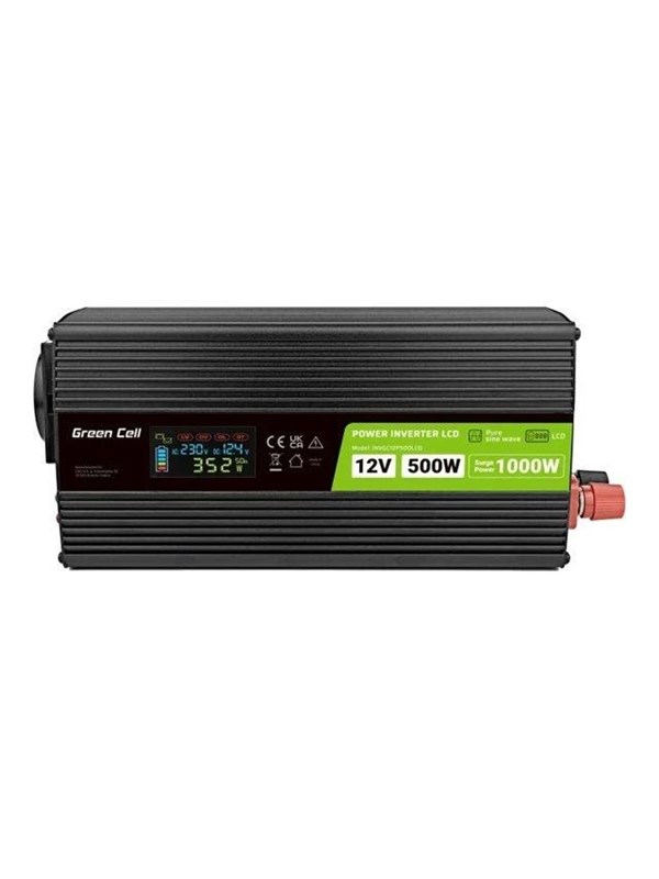 Green Cell PowerInverter LCD 12 voltin 500W/1000W auton invertteri näytöllä - puhdas siniaalto