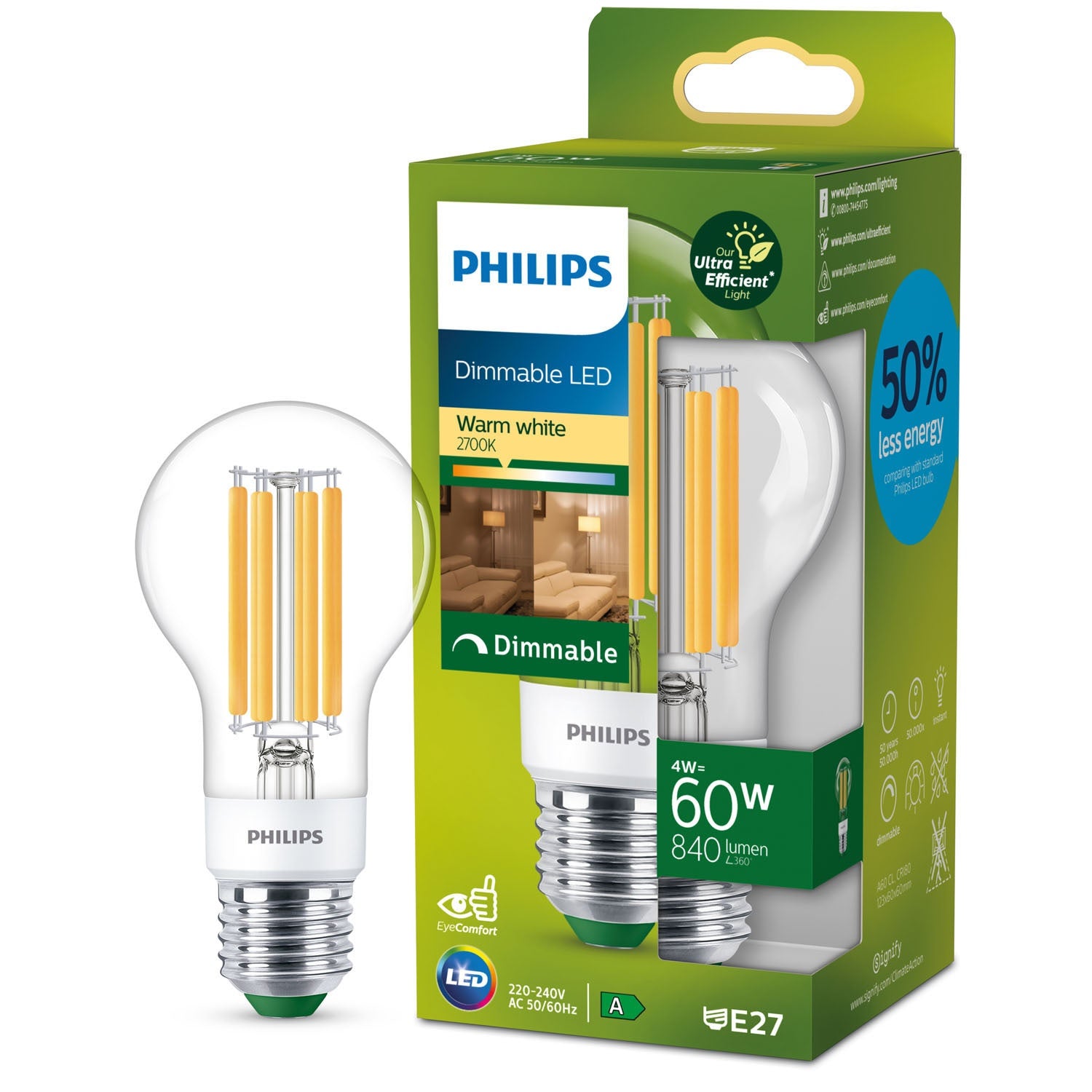 Philips LED E27 A60 4W (60W) 840lm 2700K Lämmin valkoinen Kirkas Himmennettävä