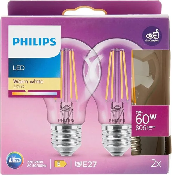 Philips LED-filamenttilamppu A60 E27 60 W 806 lm Lämmin valkoinen Matta 2 kpl