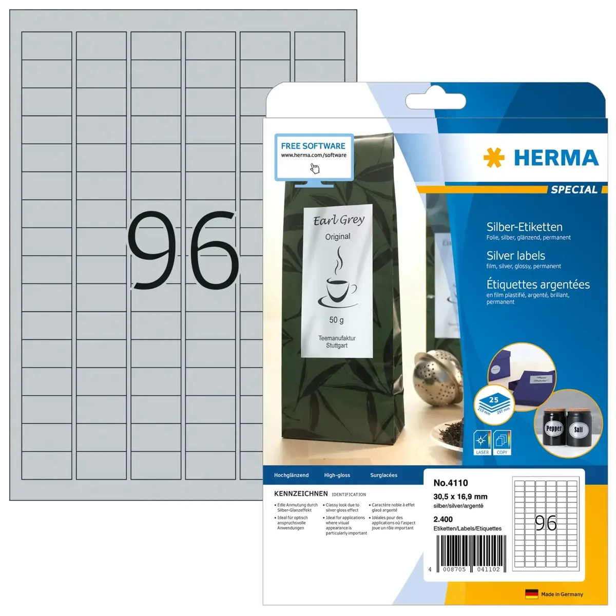 HERMA 4110, Hopea, Itse kiinnittyvä tulostintarra, A4, Polyesteri, Laser, Kiinteä