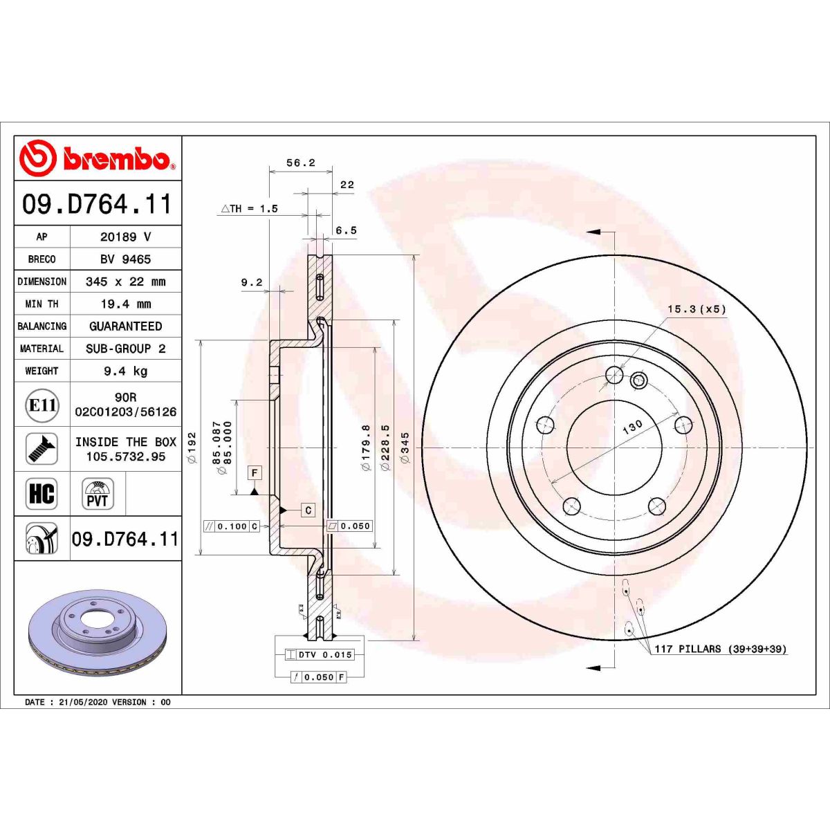 Jarrulevy BREMBO 09.D764.11
