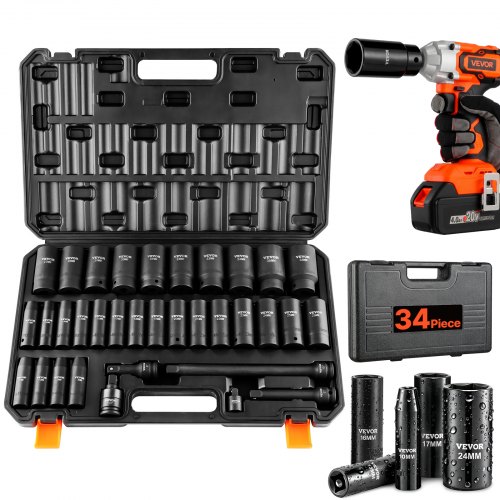 VEVOR 1/2" Drive Deep Impact Socket Set, 34pcs Socket Set Metric (8-36mm) 6 Point Cr-MO Alloy Steel for Auto Repair, Rugged Construction, Includes Heavy Duty Storage Case