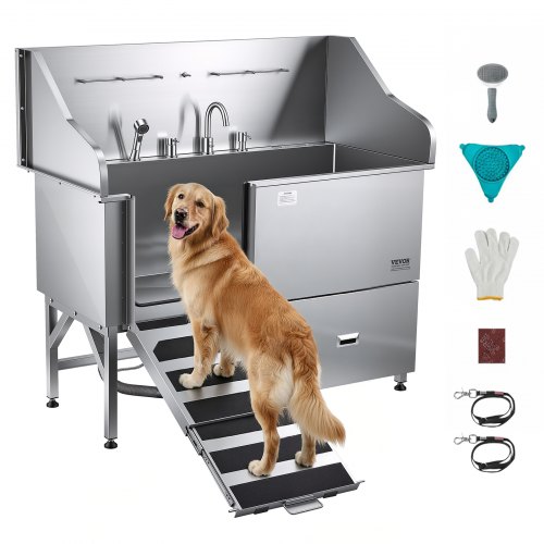 VEVOR 304 Stainless Steel Dog Washing Station, 154.9 cm Pet Grooming Tub with Non-Slip Low-Slope Ramp, Storage Drawer, Hot & Cold Faucet, All-in-One Bath for Grooming Shop, Fits All Sizes (Left Door)