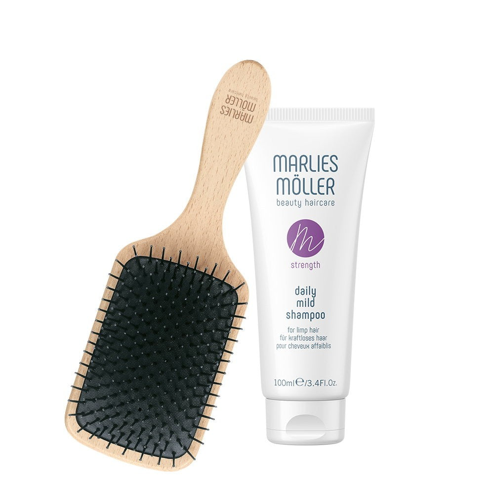 Sarja Marlies Moller: Marine Moisture Scalp Brush + Hellävarainen silikoniton päivittäinen shampoo syväpuhdistamiseen 100 ml