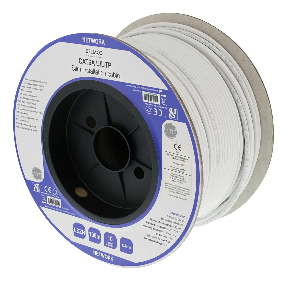 Deltaco Bulk Cable (slim) Ei Cat 6a 100m Valkoinen
