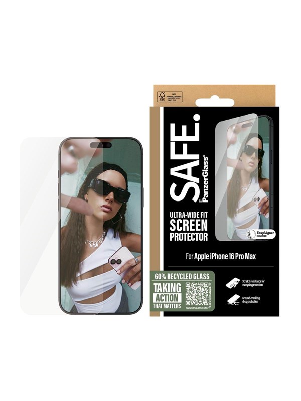 PanzerGlass SAFE. by ® Screen Protector iPhone 16 Pro Max | Ultra-Wide Fit, Apple, Apple - iPhone 16 Pro Max, Asennus kuivana, Naarmuuntumisenkestävä, Iskunkestävä, Läpinäkyvä, 1 kpl
