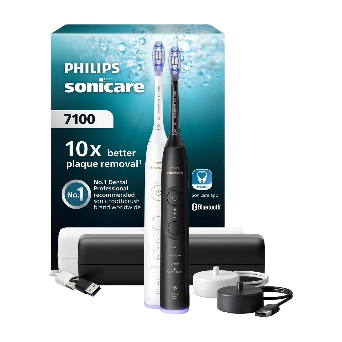Philips Sonicare 7100 series Series 7100 HX7429/02 Ladattava sähköhammasharja, Aikuinen, Sonic-hammasharja, Herkkä, Ienhoito, Valkaisu, 62000 liikettä minuutissa, Musta, Valkoinen, 2 min, 4 x 30 s
