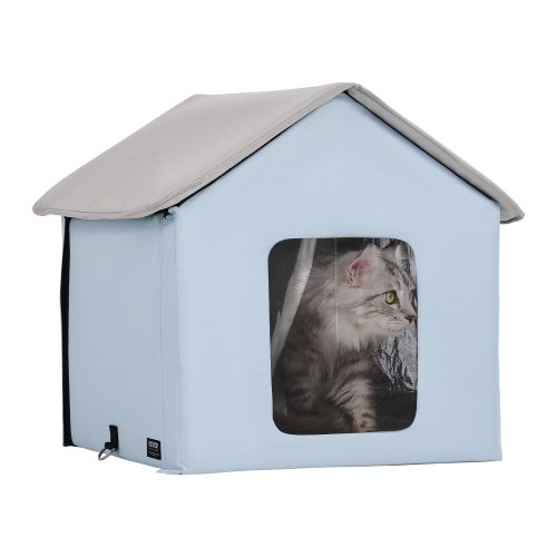 VEVOR Heated Cat House, Outdoor Kitty Shelter with Timer, 600D Oxford Cloth Foldable Cat Shelter with Heated Pad for Winter to Stay Warm and Cozy, Blue (Small)