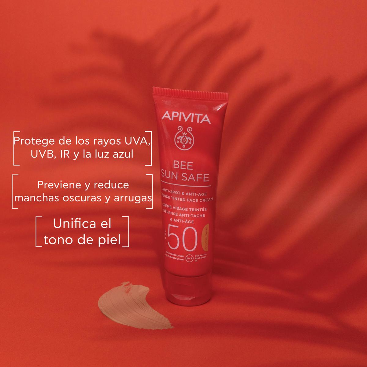 Apivita Bee Sun Safe Anti-Spot and Anti-Age Tinted kasvojen voide SPF50 värillinen suojaava kasvovoide SPF 50 sävy Golden 50 ml