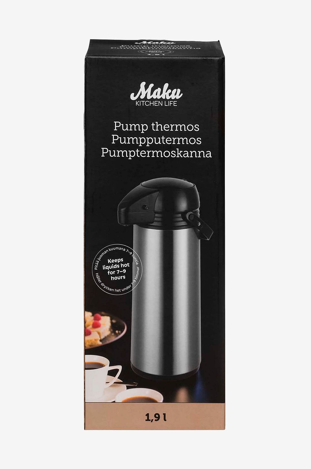 Ruostumattomasta teräksestä valmistettu pumpputermos 1,9 l