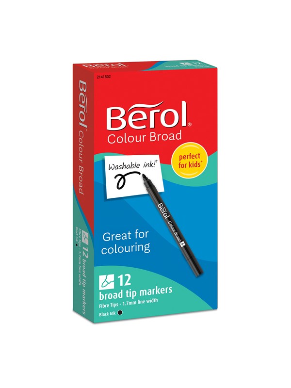 Berol -huopakynät värittämiseen, leveä kärki (1,2 mm), pestävä, musta 12 kpl