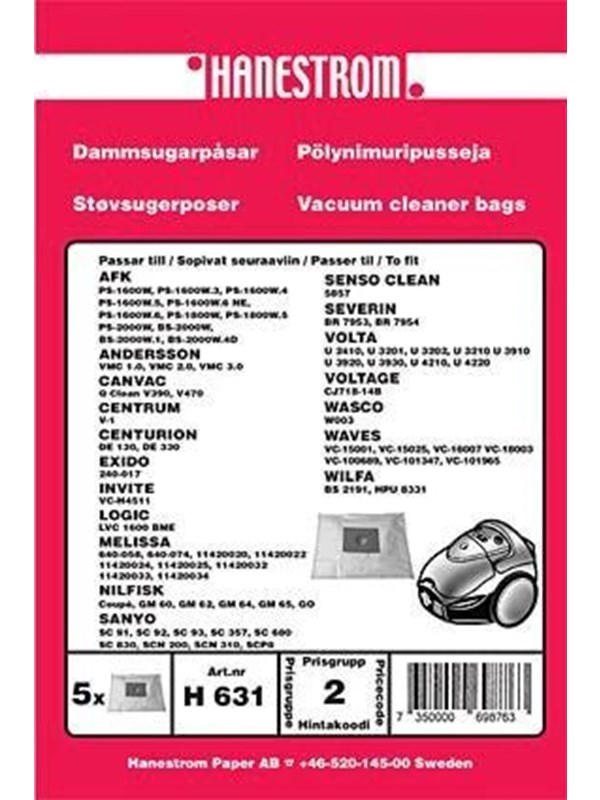 Premium Pölypussit, mikrokuitu, 5kpl. + moottorisuodattimen DU12142 Vastaa: 78602600