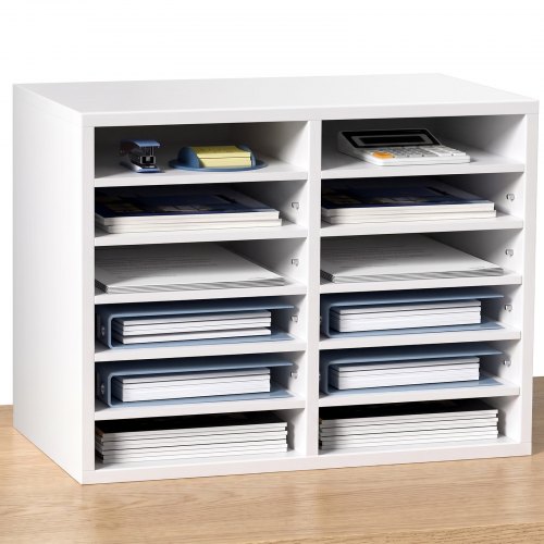VEVOR Literature Organizers, 12 Compartments Office Mailbox with Adjustable Shelves, Wood Literature Sorter 51.8 x 30.5 x 40.9 cm for Office, Home, Classroom, Mailrooms Organization, EPA Certified White