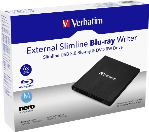Verbatim External Slimline, Musta, Paikka, Työpöytä/Laptop, Blu-Ray RW, USB 3.2 Gen 1 (3.1 Gen 1), 145 mm